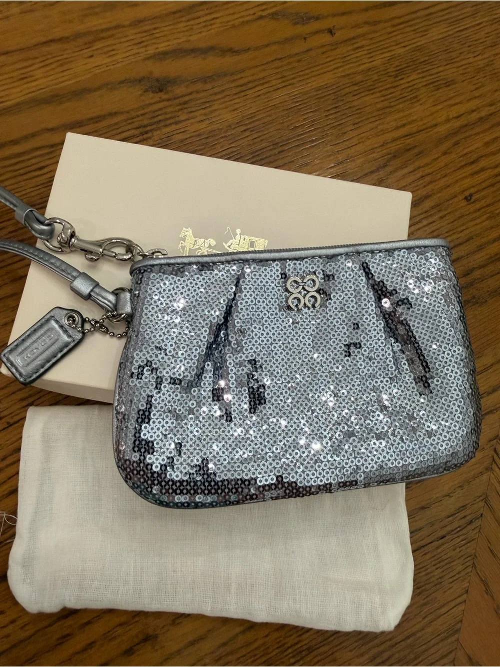 EUC Coach Silver Sequin Wristlet Pouch, Dust bag and Box